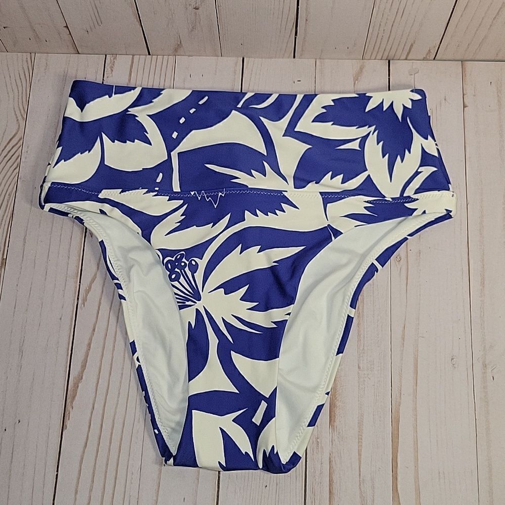 Madewell High Waisted Bikini Bottoms Blue White Floral Tropical NWT XS